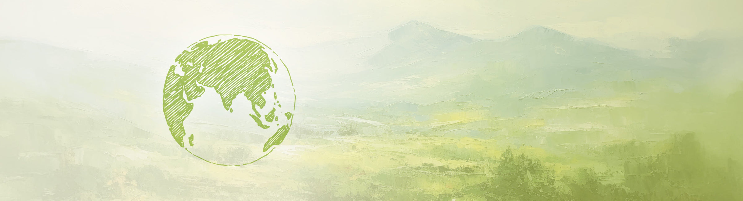 Grünes Kollektionsbanner mit Weltkugel Illustration von Asien über sanfter bergiger Landschaft für Asien Kaffees der Murnauer Kaffeeröstere