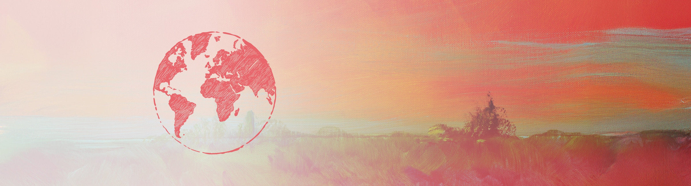 Rotes Kollektionsbanner mit Weltkugel Illustration über weiter Landschaft als Header für Hausmischungen der Murnauer Kaffeerösterei