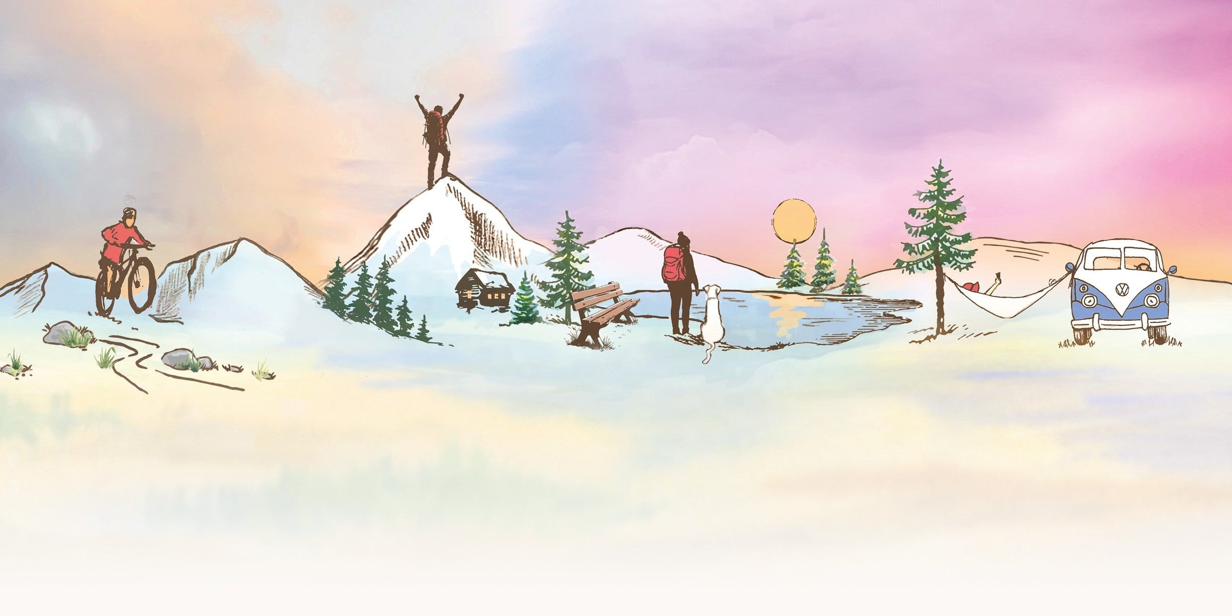 Illustration der Outdoor Edition 2026 mit Mountainbiker, Wanderin mit Hund, Campervan und Hängematte in Berglandschaft bei Sonnenuntergang