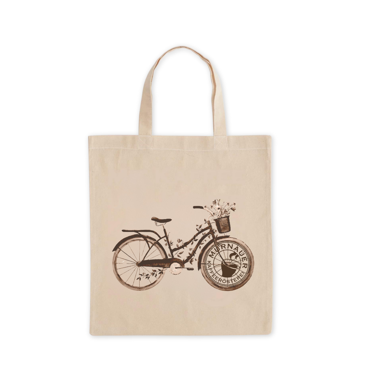 Beige Baumwolltasche Kaffeefahrt der Murnauer Kaffeerösterei mit Fahrradillustration, Blumen im Korb und großem Logo im Hinterrad, Jutebeutel