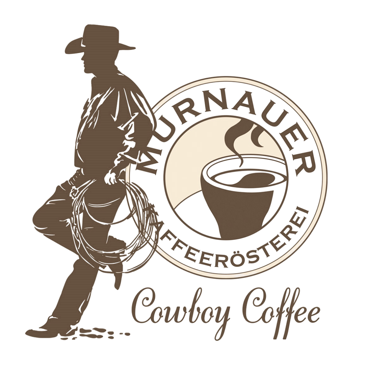 Logo Cowboy Coffee der Murnauer Kaffeerösterei mit Cowboy-Silhouette, Lasso und runder Kaffeetasse im Emblem auf transparentem Hintergrund