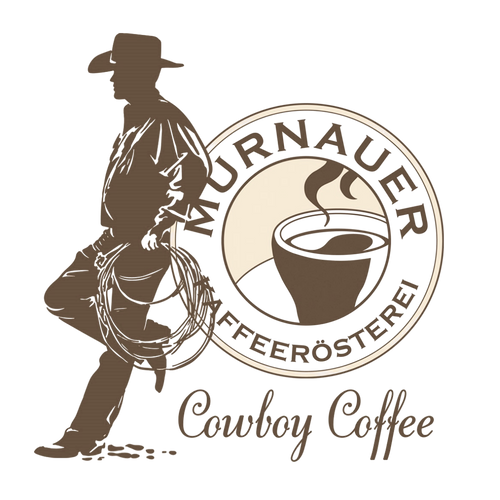 Logo Cowboy Coffee der Murnauer Kaffeerösterei mit Cowboy-Silhouette, Lasso und runder Kaffeetasse im Emblem auf transparentem Hintergrund