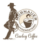 Logo Cowboy Coffee der Murnauer Kaffeerösterei mit brauner Cowboy-Silhouette, Lasso und Kaffeetasse im runden Emblem auf weißem Hintergrund