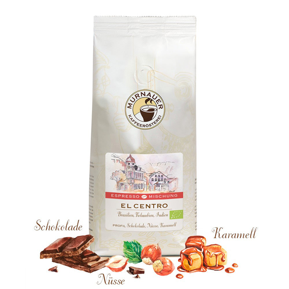 El Centro Espresso Mischung Bio, Packung der Murnauer Kaffeeroesterei mit Aromen Schokolade, Nuesse, Karamell