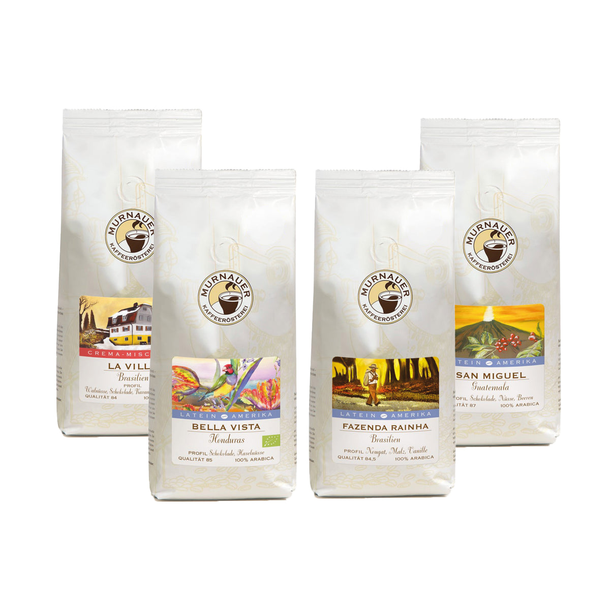 Vier weiße Kaffeepackungen Little Flower, Santa Elena, San Miguel und Suke Quto als Set Entdeckungsreise Bourbon Kaffee