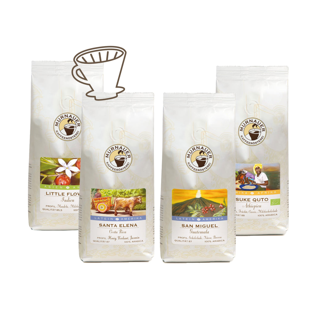 Vier weiße Kaffeepackungen Little Flower, Santa Elena, San Miguel und Suke Quto als Set Entdeckungsreise Filterkaffee mit FilterkaffeeIcon