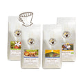 Vier weiße Kaffeepackungen Little Flower, Santa Elena, San Miguel und Suke Quto als Set Entdeckungsreise Filterkaffee mit FilterkaffeeIcon