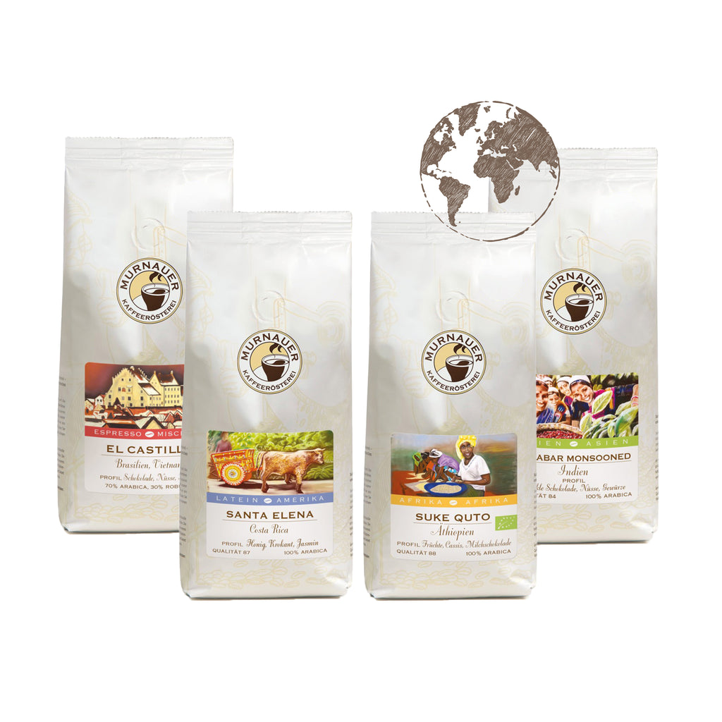 Vier weiße Kaffeepackungen El Castillo, Santa Elena, Suke Quto und Malabar Monsooned als Entdeckungsreise Globus Set mit Weltkugel Globus Icon