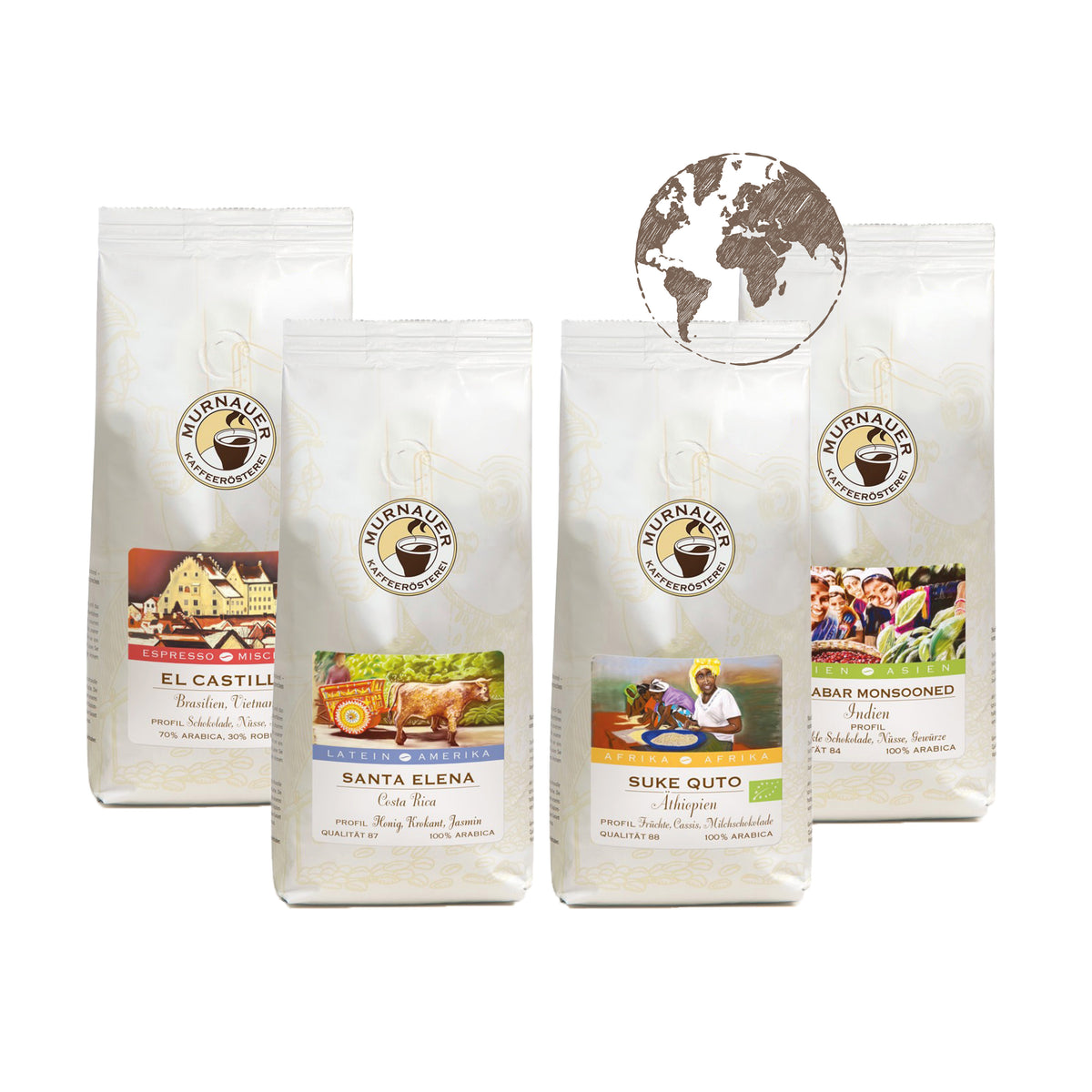 Vier weiße Kaffeepackungen El Castillo, Santa Elena, Suke Quto und Malabar Monsooned als Entdeckungsreise Globus Set mit Weltkugel Globus Icon
