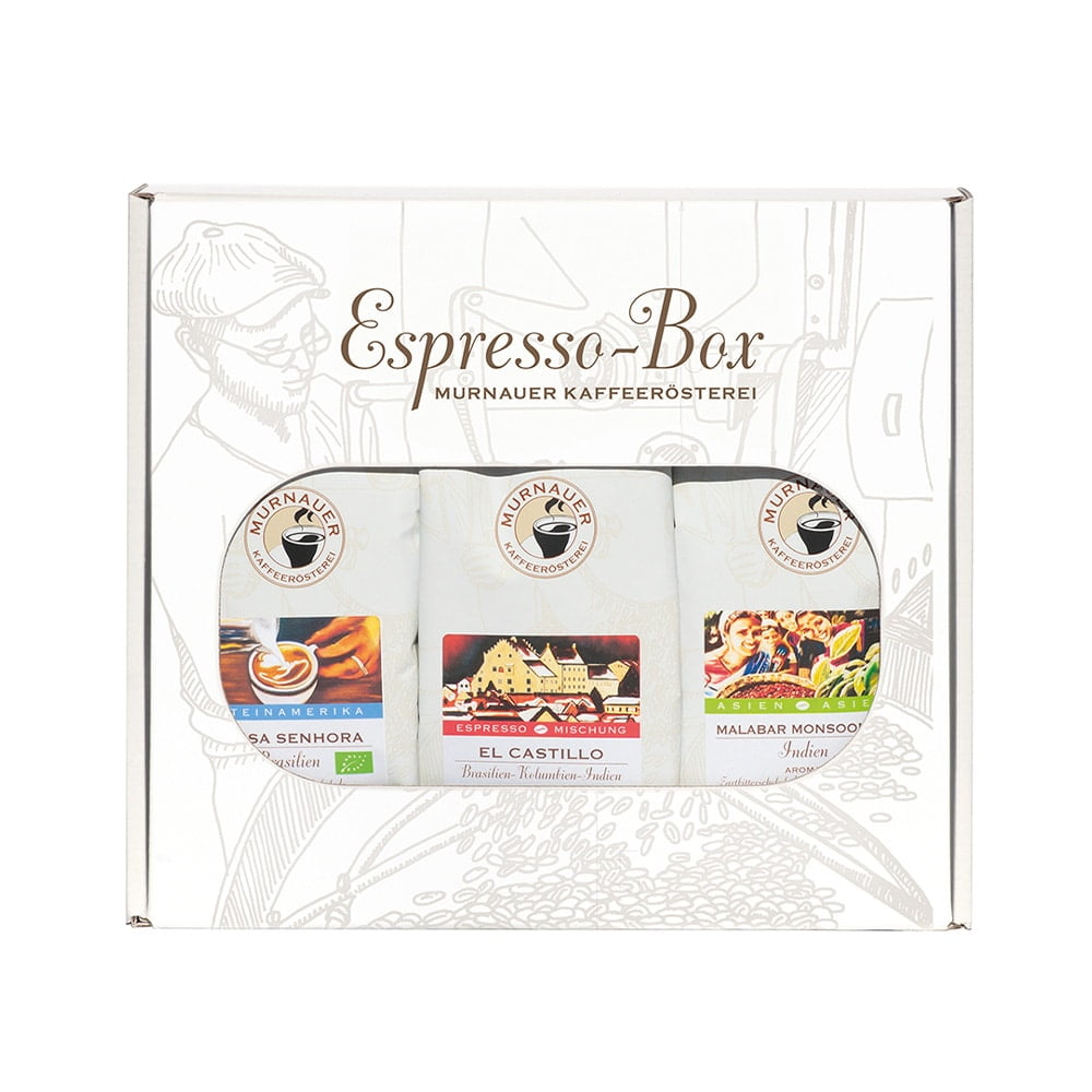 Espresso-Box der Murnauer Kaffeerösterei mit den Espressos Nossa Senhora, El Castillo und Malabar Monsooned im Geschenkkarton