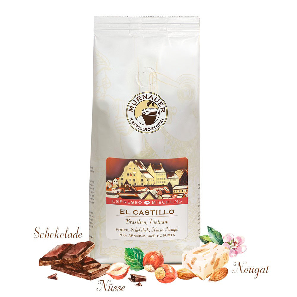 Espressomischung El Castillo in weißer Murnauer Kaffeetüte mit Stadtmotiv, Aromen von Schokolade, Nüssen und Nougat