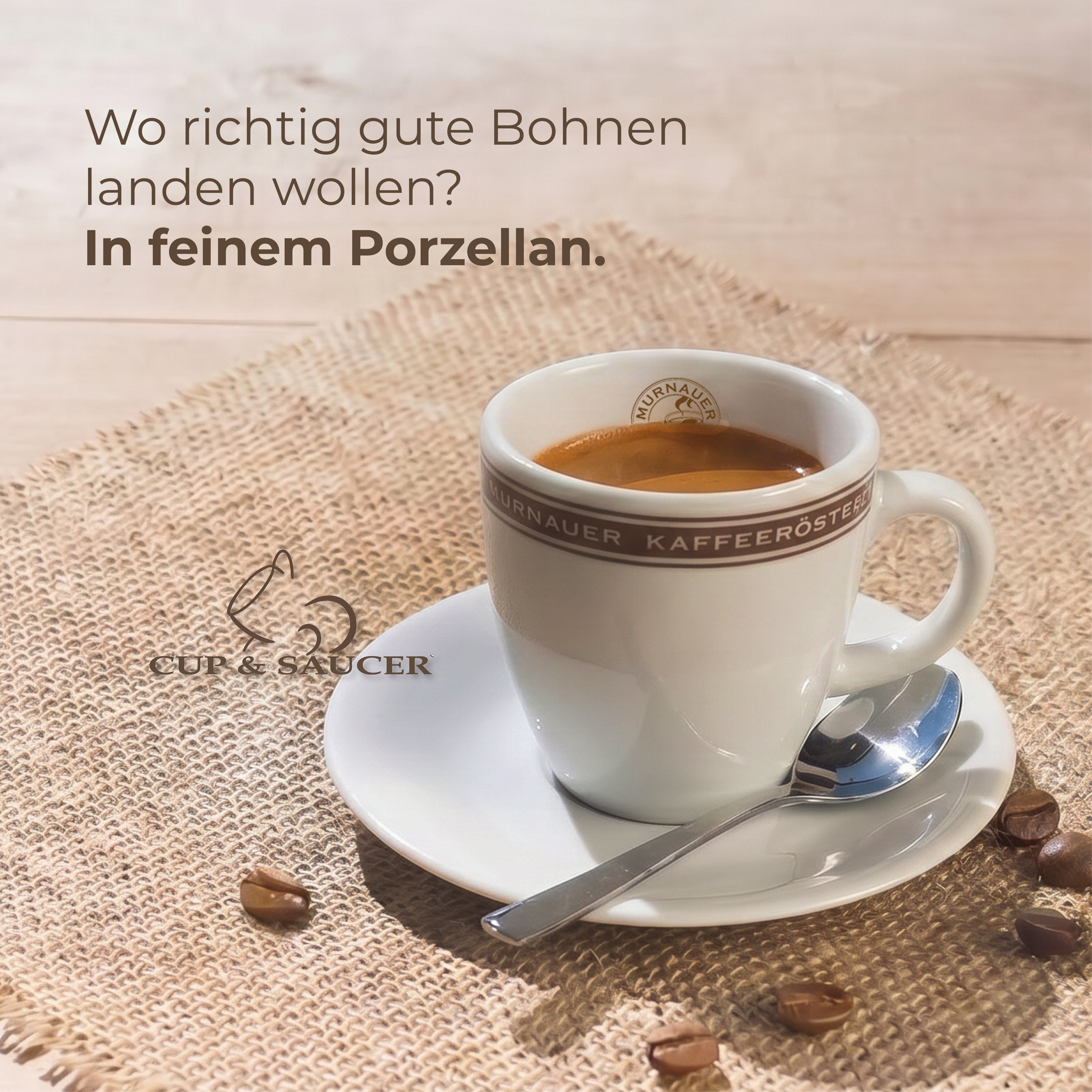 Espressotasse aus weißem Porzellan mit Untertasse und Löffel auf Juteunterlage, gefüllt mit Espresso der Murnauer Kaffeerösterei
