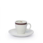 Espressotasse mit Untertasse aus weißem Porzellan, bordofarbenem Rand und Logo der Murnauer Kaffeerösterei