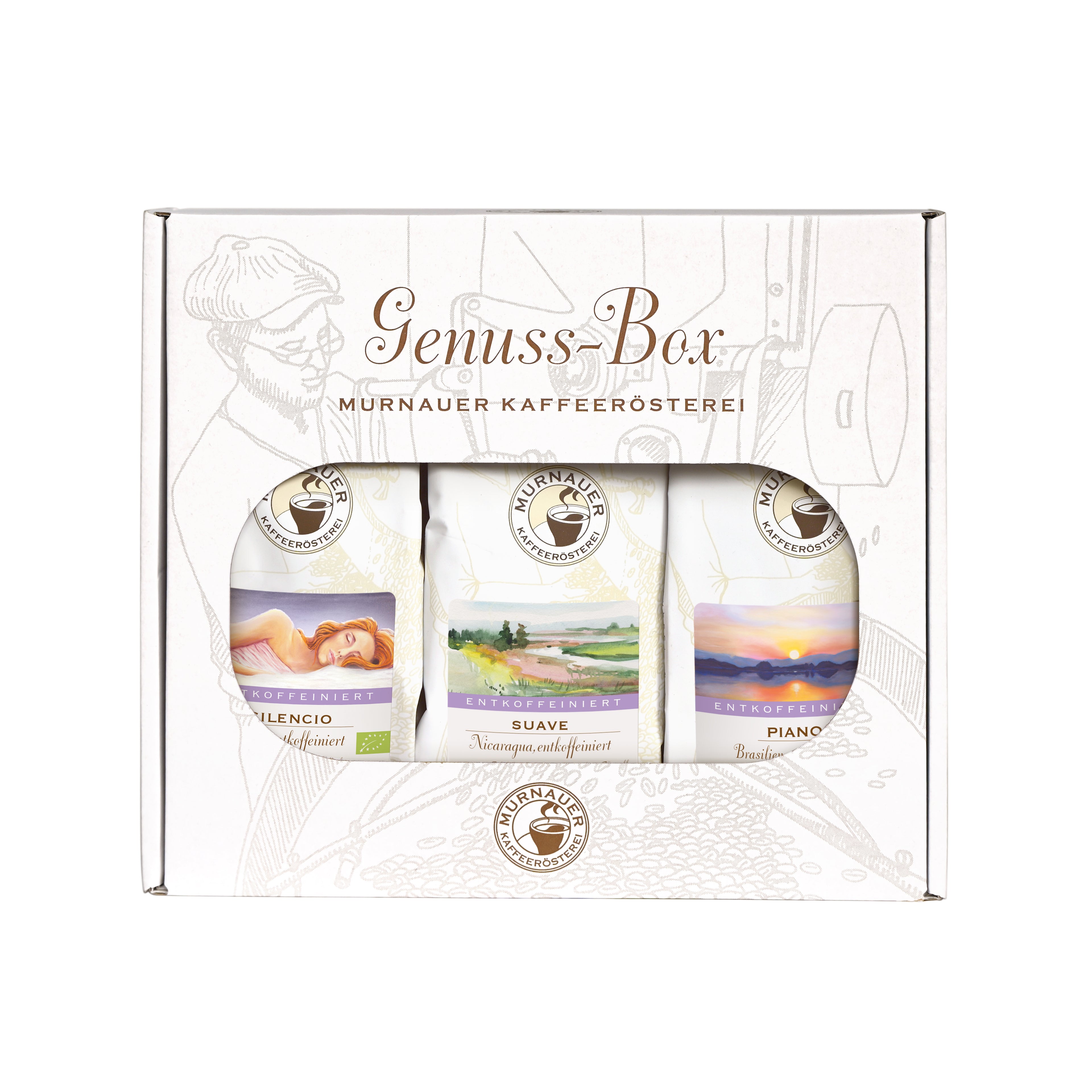 Genuss-Box entkoffeinierter Kaffee der Murnauer Kaffeerösterei mit Silencio, Suave und Piano als Set, DeCaf - limitierte Zusammensetzung
