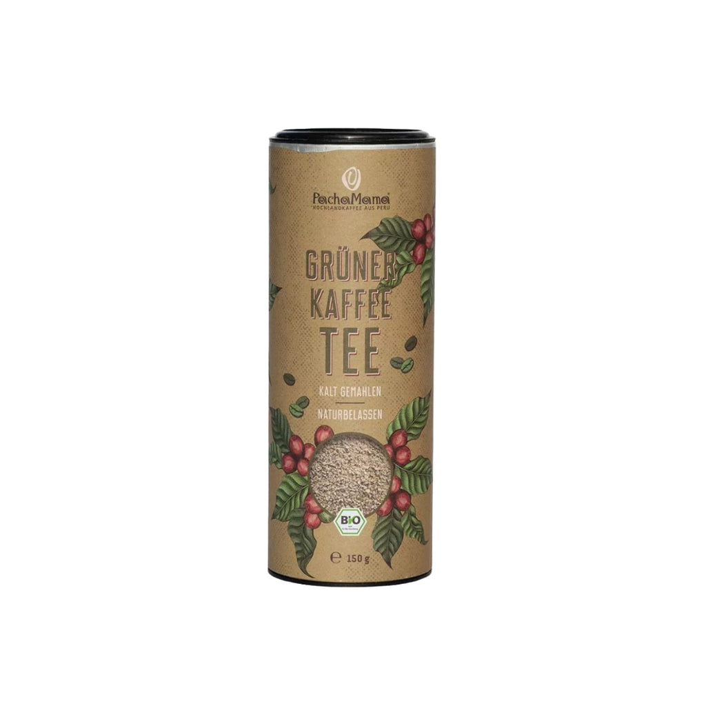Braune Dose Grüner Kaffee Tee Pacha Mama Bio Peru mit Kaffeekirschen und Sichtfenster auf gemahlenen Kaffee