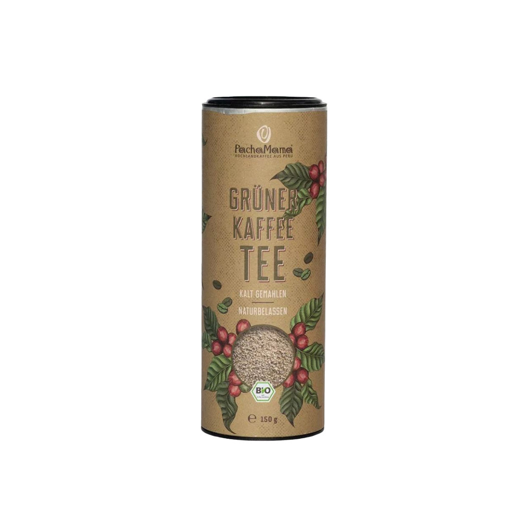 Braune Dose Grüner Kaffee Tee Pacha Mama Bio Peru mit Kaffeekirschen und Sichtfenster auf gemahlenen Kaffee