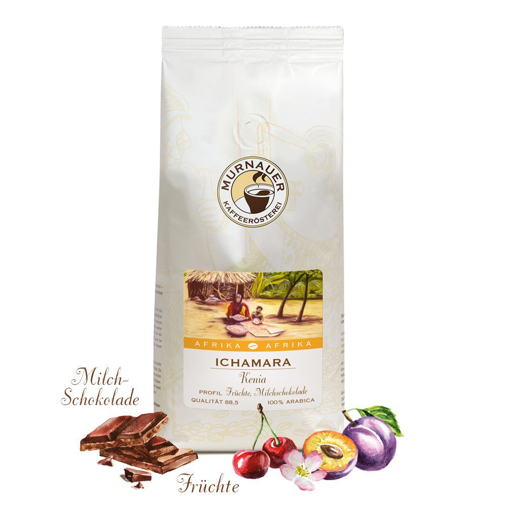 Ichamara Kenia Kaffee, weiße Packung der Murnauer Kaffeerösterei mit Illustration und Profil Früchte, Milchschokolade