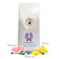 Weiße Aquiares Costa Rica Special Kaffeepackung, davor Ananas, Grapefruit und Blaubeeren als Aromen, natural aufbereiteter Kaffee