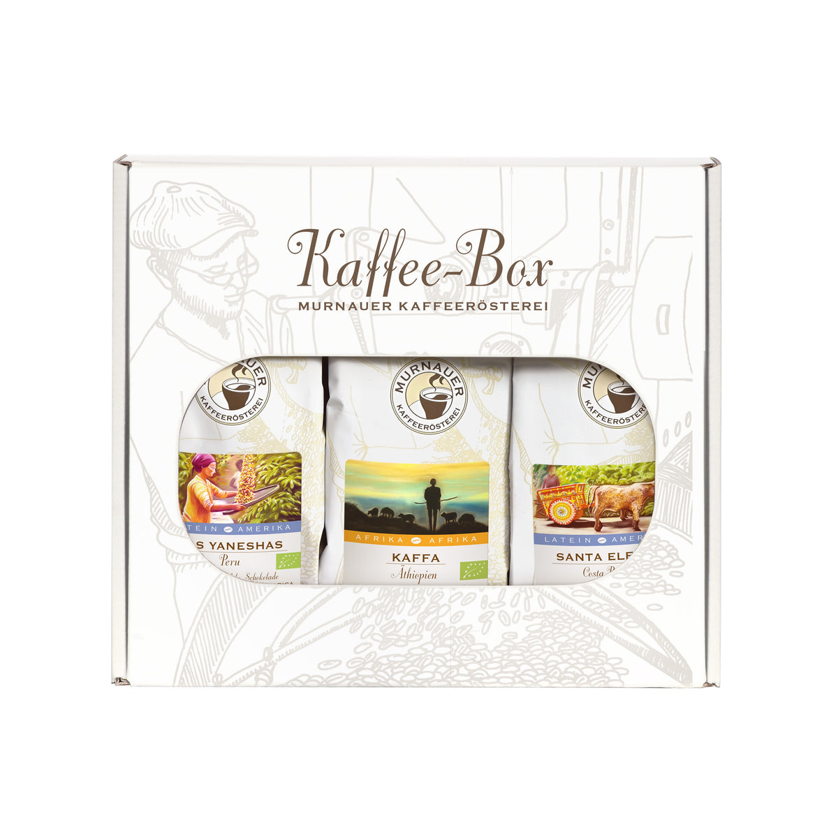  Kaffee-Box Filterkaffee der Murnauer Kaffeerösterei mit Los Yaneshas Peru, Kaffa Äthiopien und Santa Elena Costa Rica