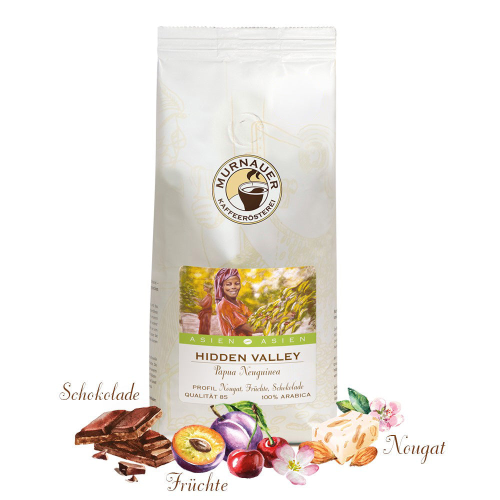 Weiße Kaffeepackung Hidden Valley Papua Neuguinea der Murnauer Kaffeeroesterei mit Schokolade, Früchten und Nougat