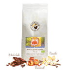 Weiße Kaffeepackung Nueva Esperanza Mexiko der Murnauer Kaffeerösterei mit Bio-Siegel, Schokolade, Karamell und Vanilledeko