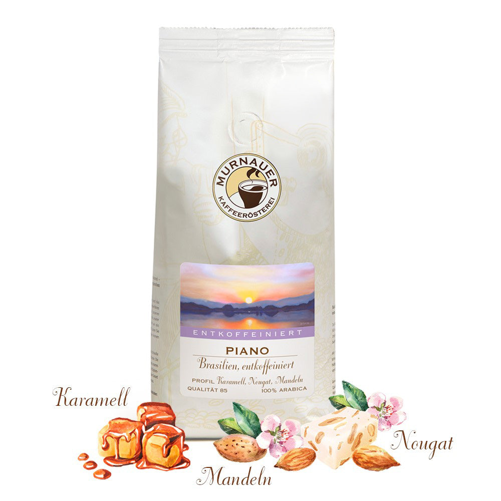 Weiße Kaffeepackung Piano Brasilien, entkoffeiniert, der Murnauer Kaffeerösterei mit Karamell, Nougat und Mandeln, DeCaf