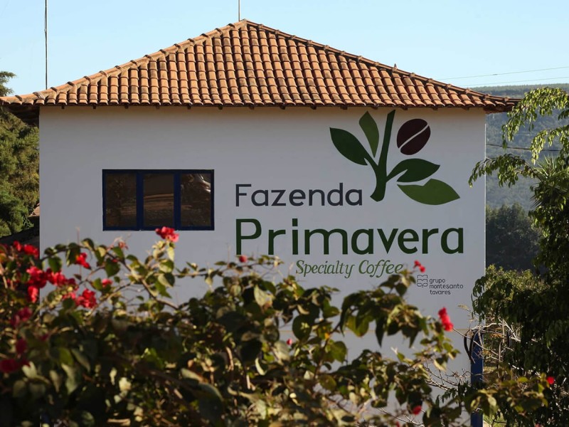 Gebäude mit Logo Fazenda Primavera Specialty Coffee auf der Piano Decaf Brasilien Kaffeeplantage, rote Blüten im Vordergrund