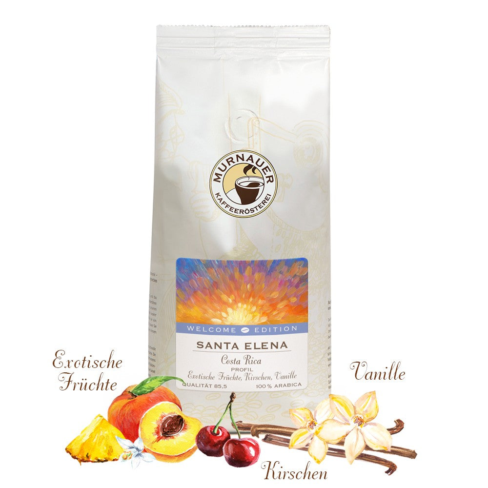 Weiße Kaffeepackung Santa Elena Costa Rica Dry der Murnauer Kaffeerösterei mit Früchten, Kirschen und Vanille vor der Tüte