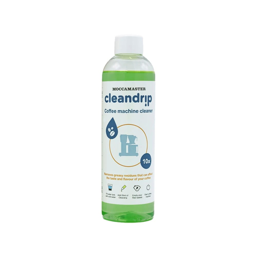 Kaffeemaschinenreiniger Moccamaster Cleandrip in Flasche mit grünem Reiniger und Kaffeemaschinen-Symbol