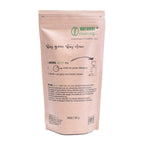 Rückseite des beigen Natural grind Kaffeemühlen-Reiniger Beutels von Natural Cleaning von JoeFrex mit Anwendungstext und Pfeilgrafik