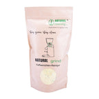 Beiger Standbeutel Natural grind Kaffeemühlen-Reiniger von Natural Cleaning, JoeFrex, mit Mühle-Illustration und rundem Sichtfenster - Vorderseite