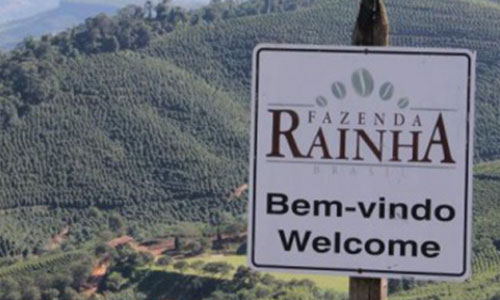 Schild mit Aufschrift Fazenda Rainha Brasil, Bem-vindo Welcome, vor grünen Hügeln einer Kaffeeplantage in Brasilien