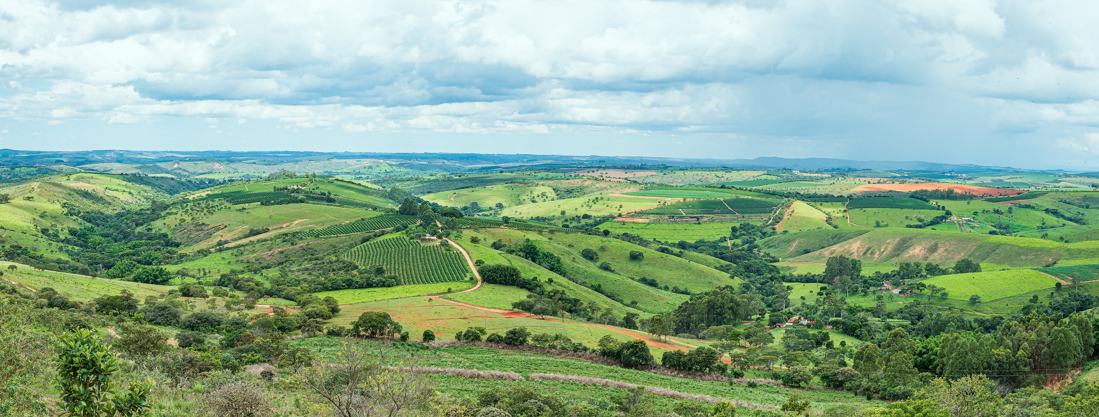 Weite Hügellandschaft in Minas Gerais Brasilien mit grünen Kaffeeplantagen, Feldern und roten Erdwegen unter bewölktem Himmel, symbolisch für La Villa, AS