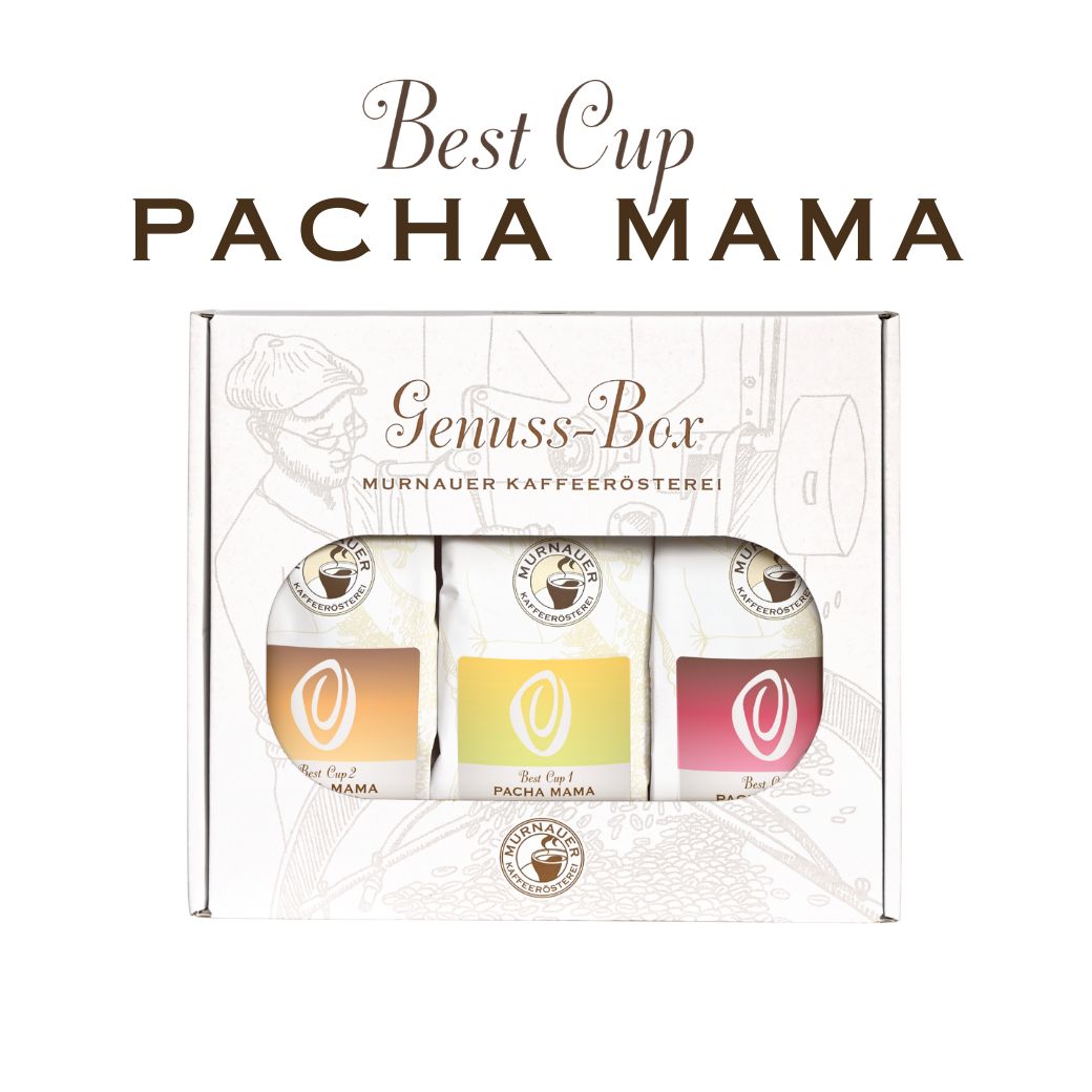 Genussbox Best of Pacha Mama mit drei Kaffeepackungen der Murnauer Kaffeerösterei