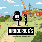 Broderick's Comiclandschaft mit Fabrik, Regenbogen und zwei Figuren vor dem Schriftzug, im Sortiment der Murnauer Kaffeerösterei