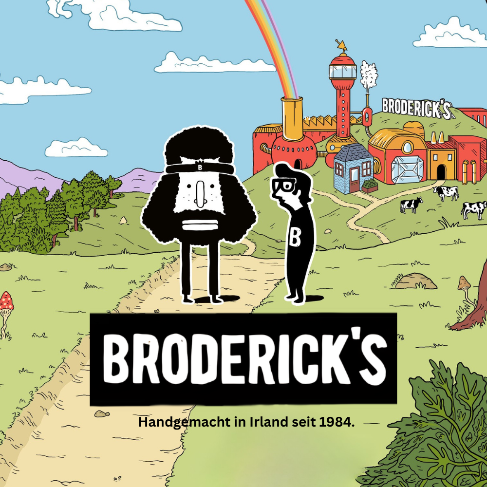 Broderick's Comiclandschaft mit Fabrik, Regenbogen und zwei Figuren vor dem Schriftzug, im Sortiment der Murnauer Kaffeerösterei