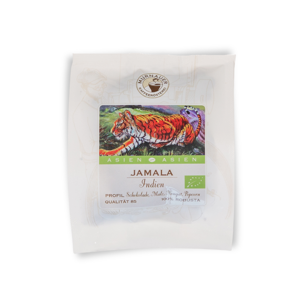 50 g Probiertütchen Jamala Indien Bio der Murnauer Kaffeerösterei mit Tigermotiv und Profil Schokolade, Malz, Nougat, Popcorn