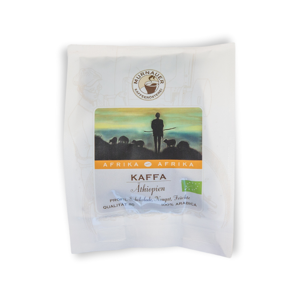 50 g Probiertütchen Kaffa Äthiopien Bio der Murnauer Kaffeerösterei mit Hirtenmotiv und Profil Schokolade, Nougat, Früchte