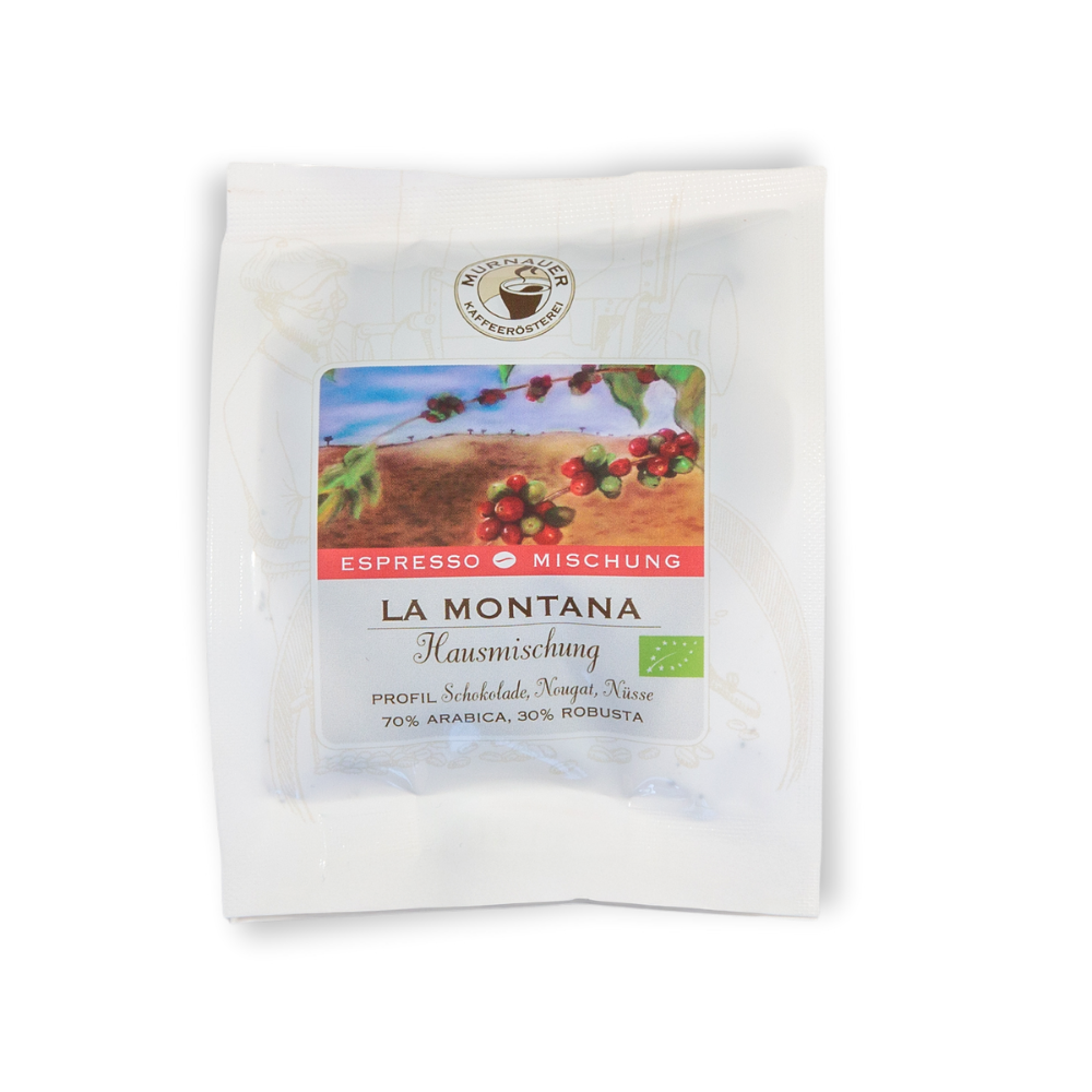 50 g Probiertütchen La Montana Hausmischung Bio der Murnauer Kaffeerösterei mit Kaffeekirschenmotiv, Espresso-Mischung 70 % Arabica, 30 % Robusta