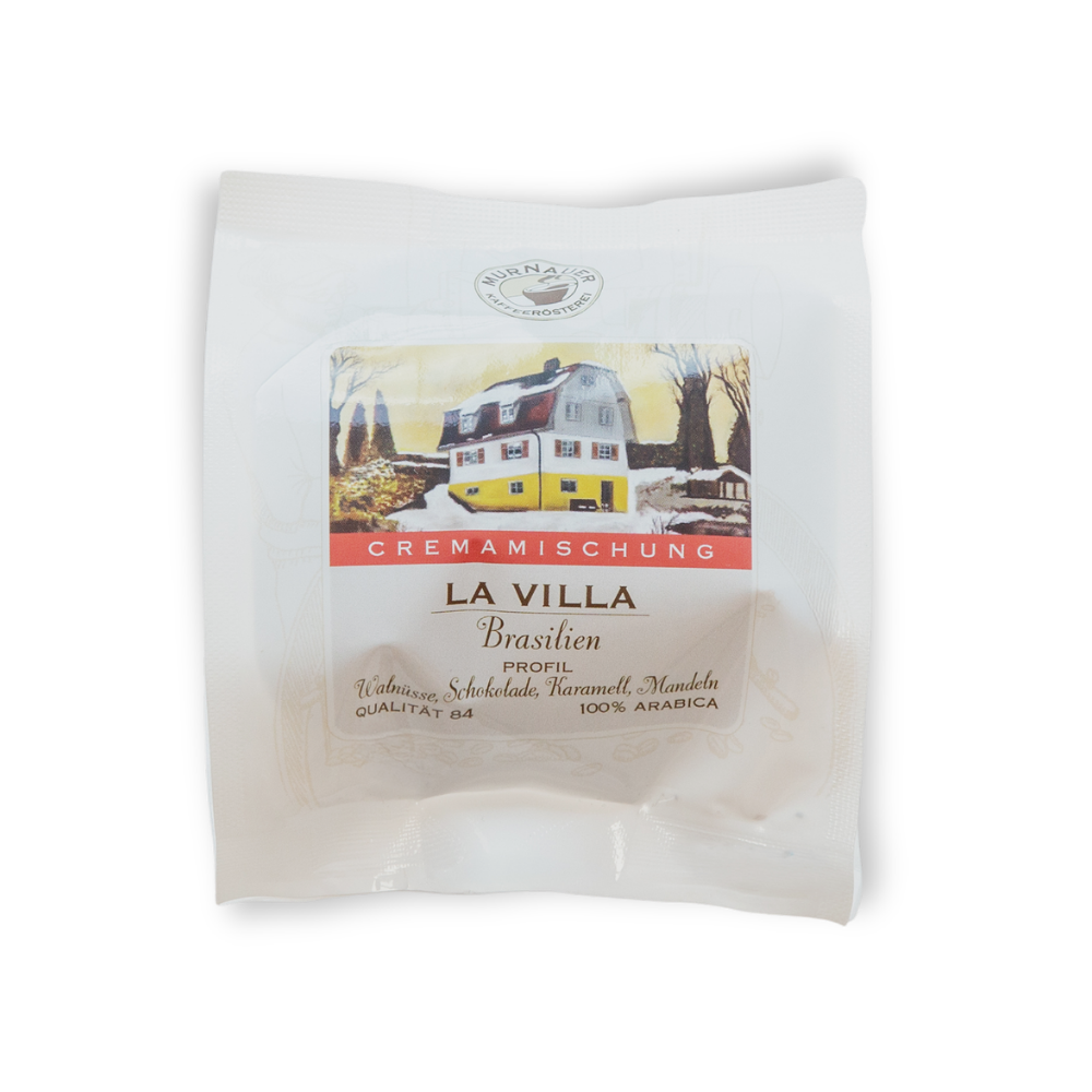 50 g Probiertütchen La Villa Brasilien Bio der Murnauer Kaffeerösterei mit Hausmotiv und Geschmacksprofil Walnüsse, Schokolade, Karamell