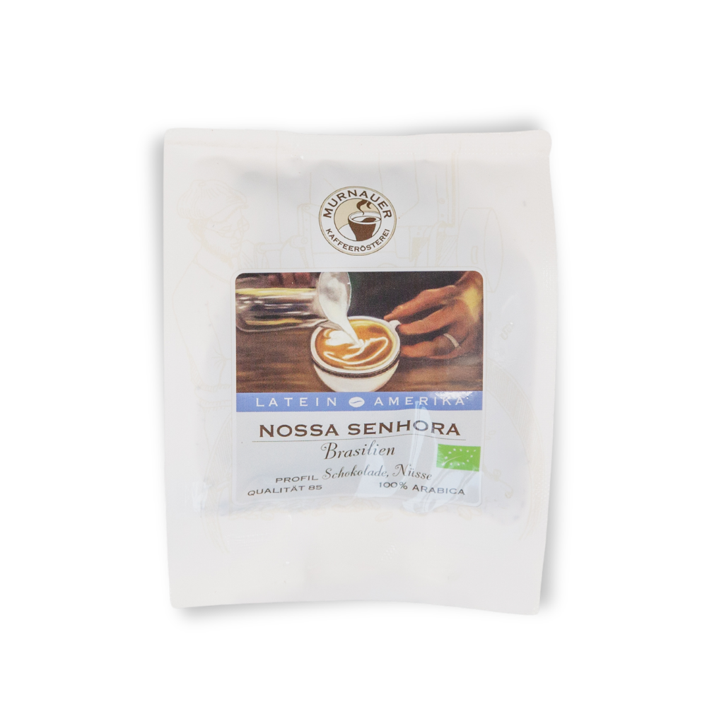  50 g Probiertütchen Nossa Senhora Brasilien Bio der Murnauer Kaffeerösterei mit Latte-Art-Motiv und Profil Schokolade, Nüsse