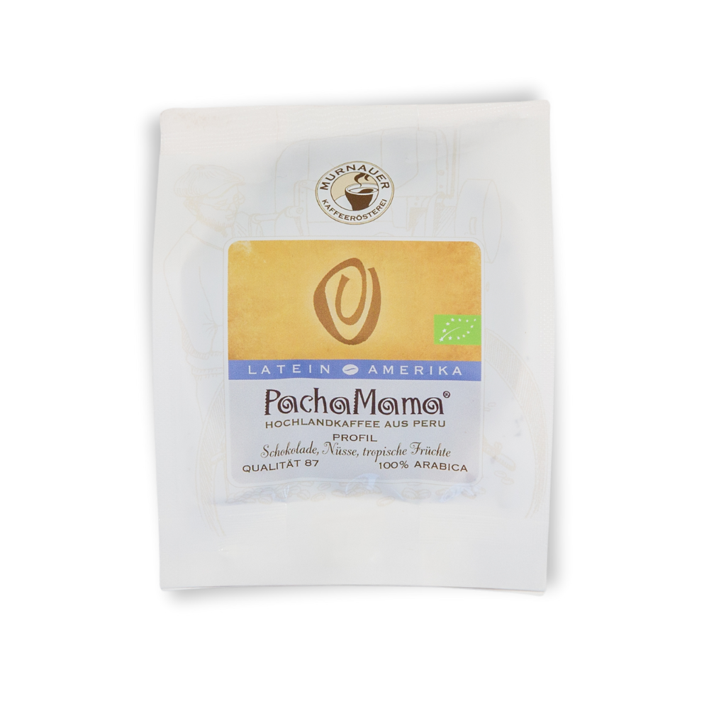 50 g Probiertütchen Pacha Mama Peru Bio der Murnauer Kaffeerösterei mit Logoetikett und Profil Schokolade, Nüsse, tropische Früchte
