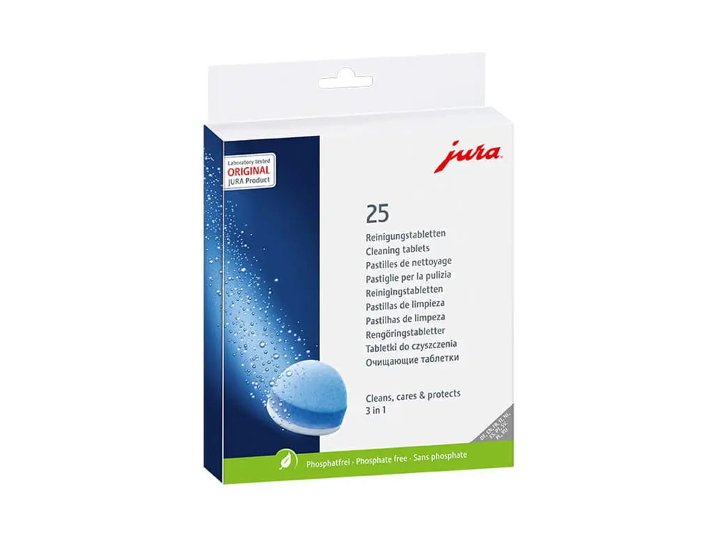 Weiße JURA Packung Reinigungstabletten 3 in 1, 25 Stück, mit großer blauer Wasserperlen-Grafik und grünem Phosphatfrei-Streifen