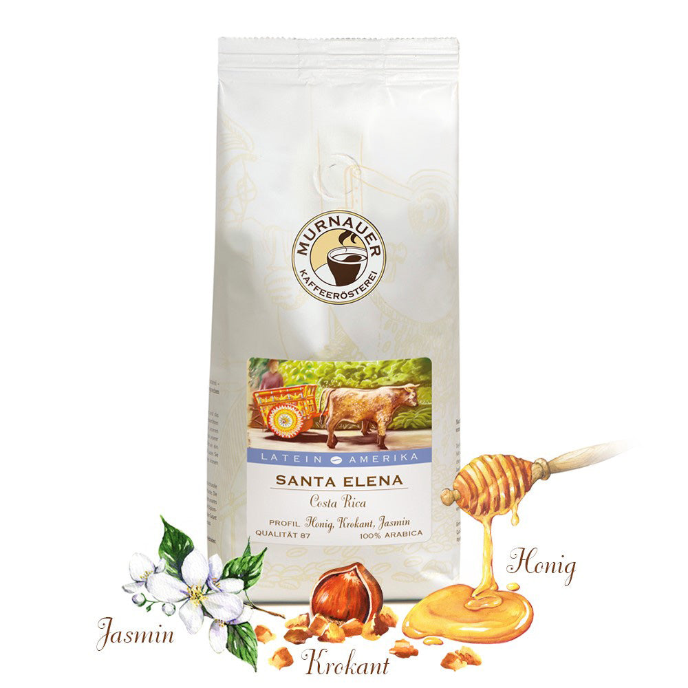 Santa Elena Costa Rica Kaffee, Packung der Murnauer Kaffeerösterei mit Aromaprofil Honig, Krokant und Jasmin