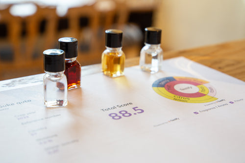 Aromafläschchen und Auswertungsbogen mit Kaffeearoma-Rad im Kaffeesensorik Kurs der Kaffee Academy im Murnauer Kaffeehaus