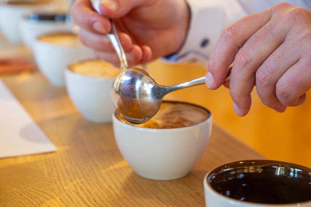 Hände schöpfen Kaffee mit zwei Cupping-Löffeln nach Kruste brechen aus Sensorik Kurs der Kaffee Academy im Murnauer Kaffeehaus aus weißen Tassen