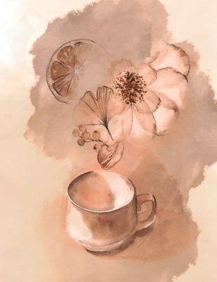 Zeichnung einer Tasse, aus der Obst und Blumen als Duft emporsteigen Aromen