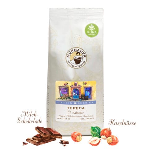 Unser Kaffee des Monats im August: Tepeca, El Salvador. 250g Tüte Packshot mit Aromen