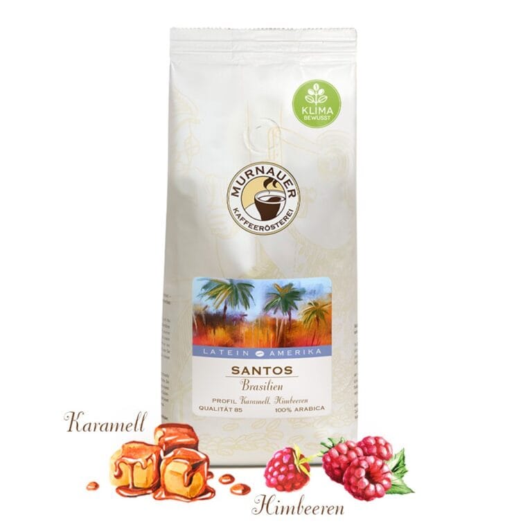 Unser Kaffee des Monats November: Santos aus Brasilien - Packshot mit Aromen