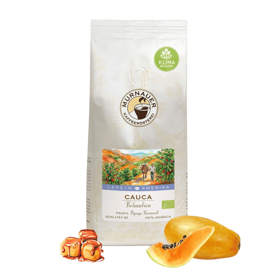 Unser Kaffee des Monats im März: Cauca aus Kolumbien BIO - Packshot mit Aromen